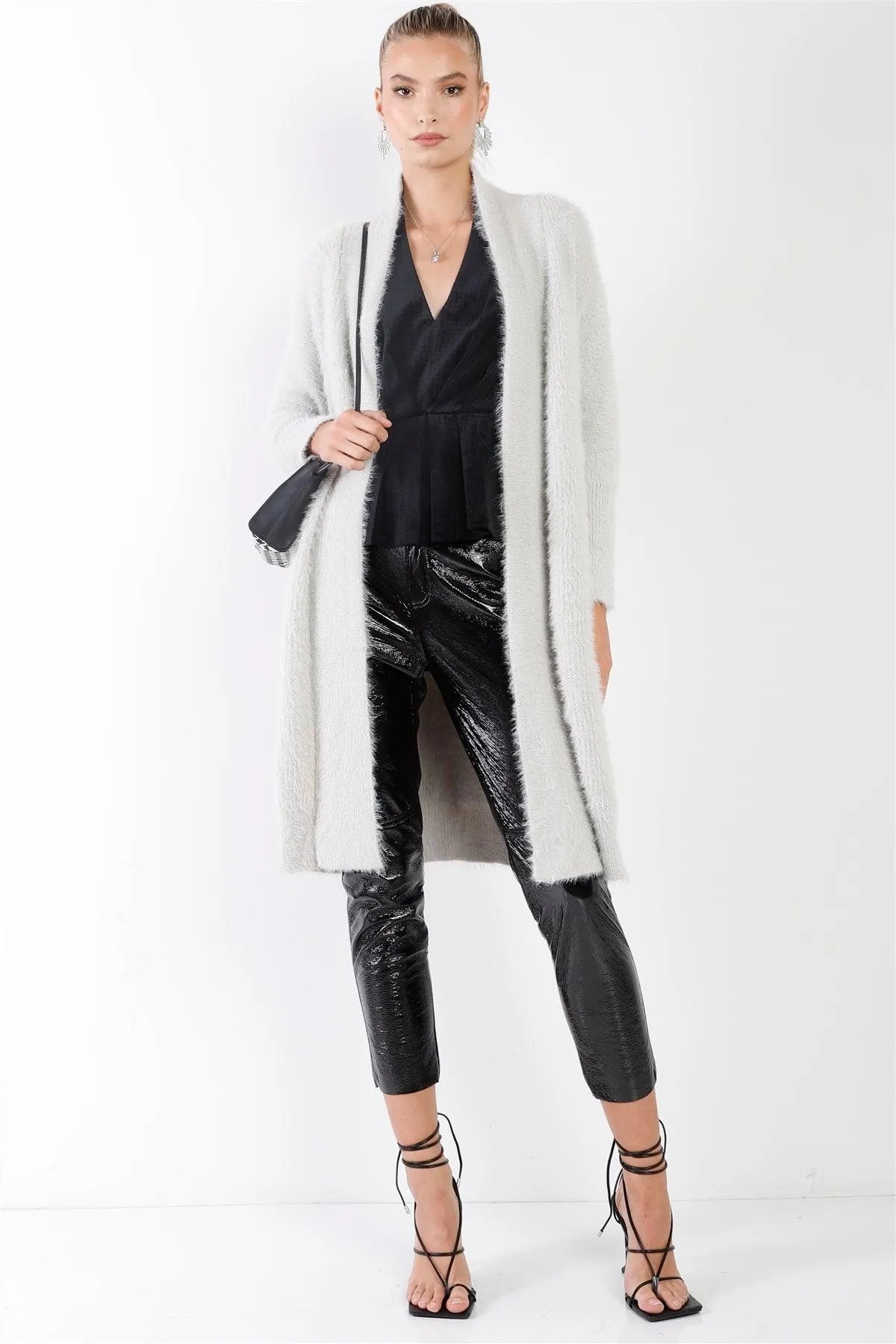 Grey Fuzzy Knit Open Front Sash Belt With Rectangular Buckle Midi Cardigan /3-2-1 - Tasha Apparel Wholesale