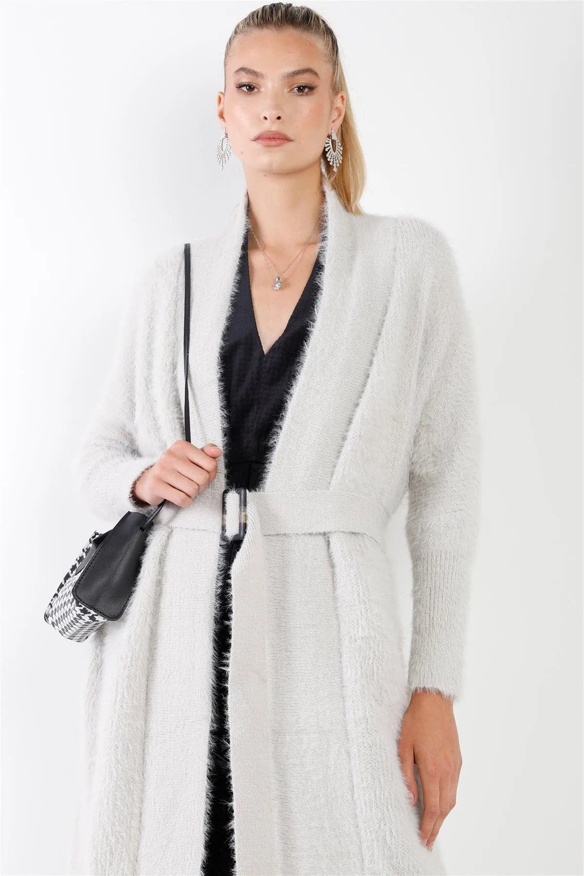 Grey Fuzzy Knit Open Front Sash Belt With Rectangular Buckle Midi Cardigan /3-2-1 - Tasha Apparel Wholesale