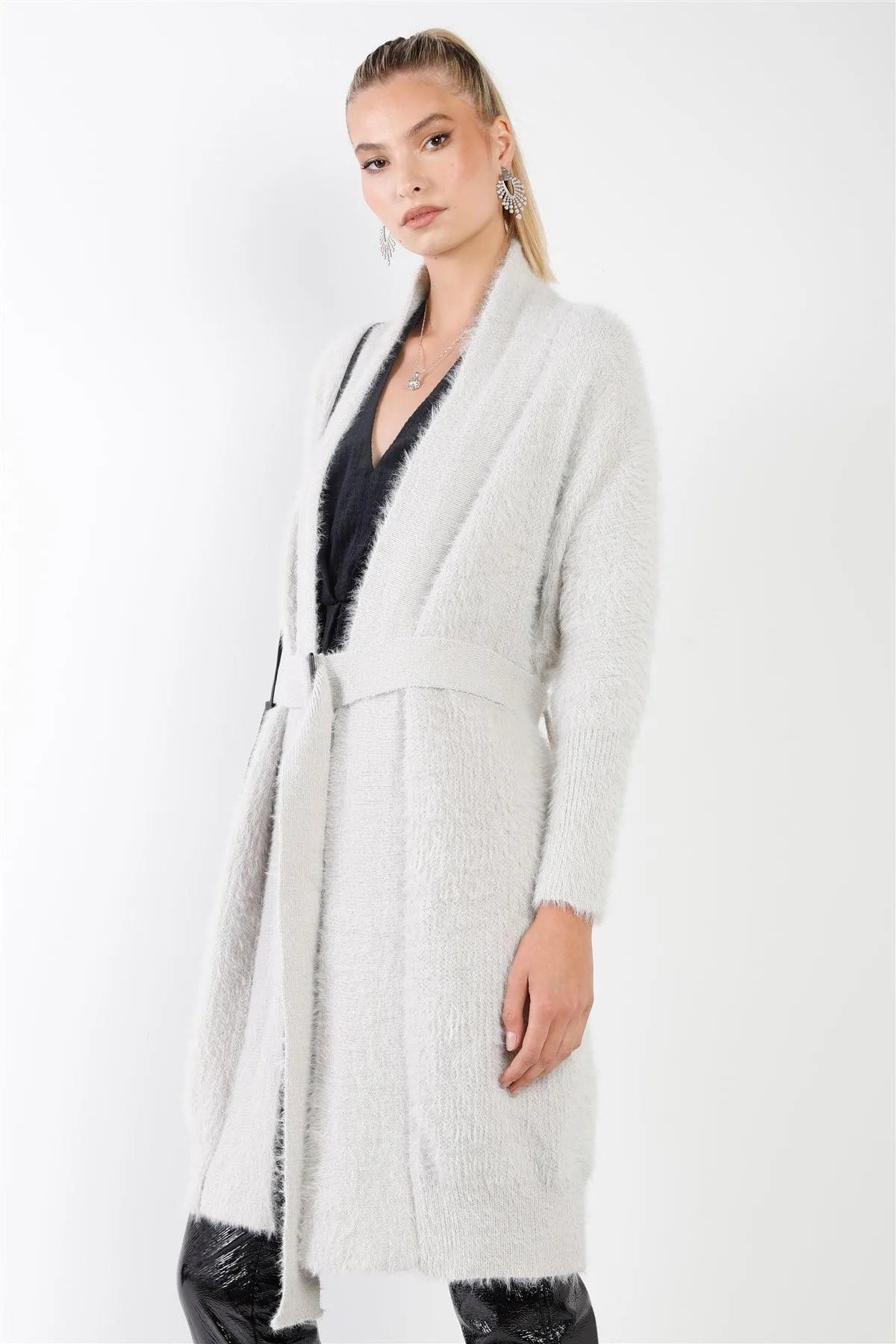 Grey Fuzzy Knit Open Front Sash Belt With Rectangular Buckle Midi Cardigan /3-2-1 - Tasha Apparel Wholesale