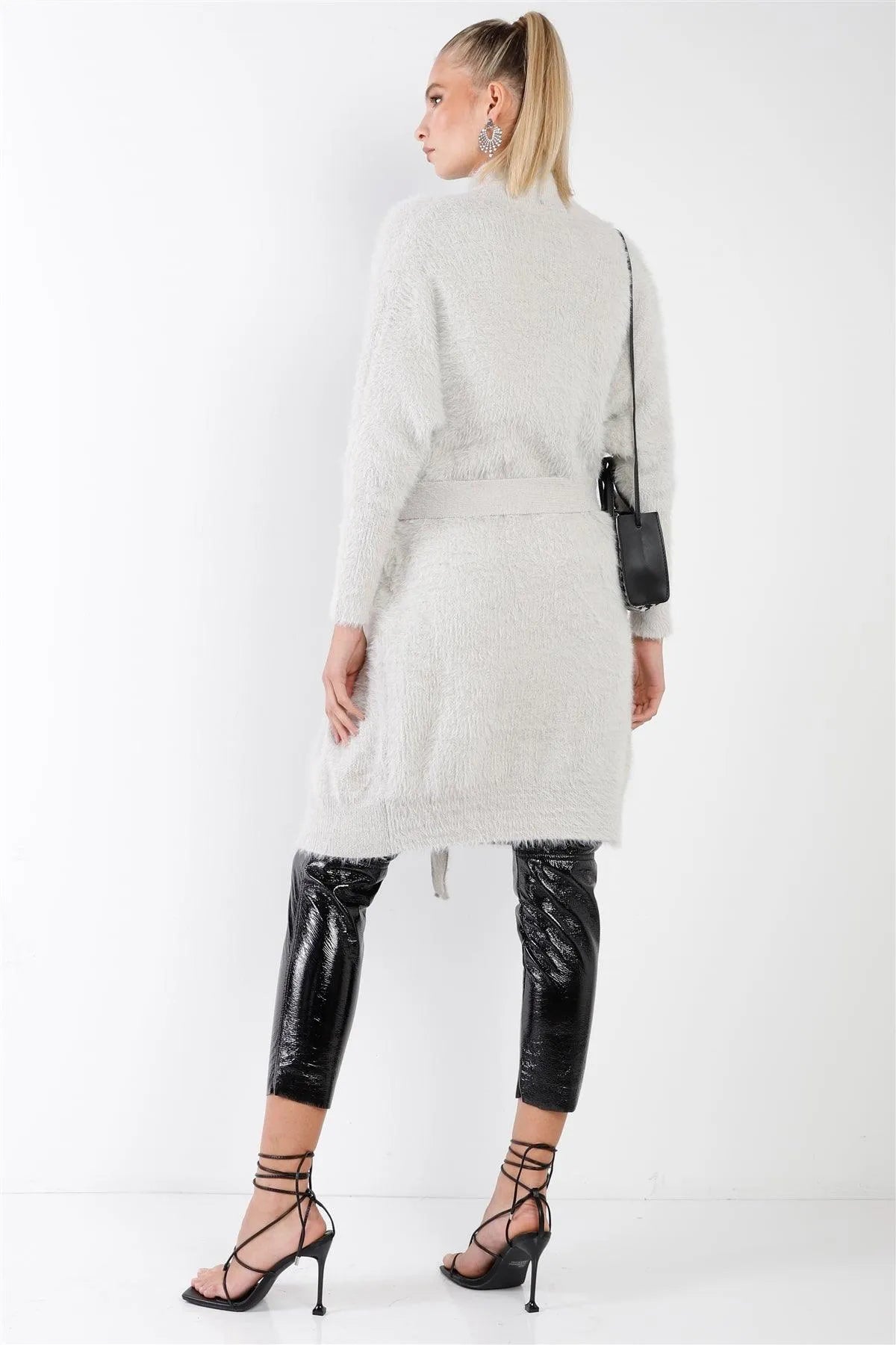 Grey Fuzzy Knit Open Front Sash Belt With Rectangular Buckle Midi Cardigan /3-2-1 - Tasha Apparel Wholesale