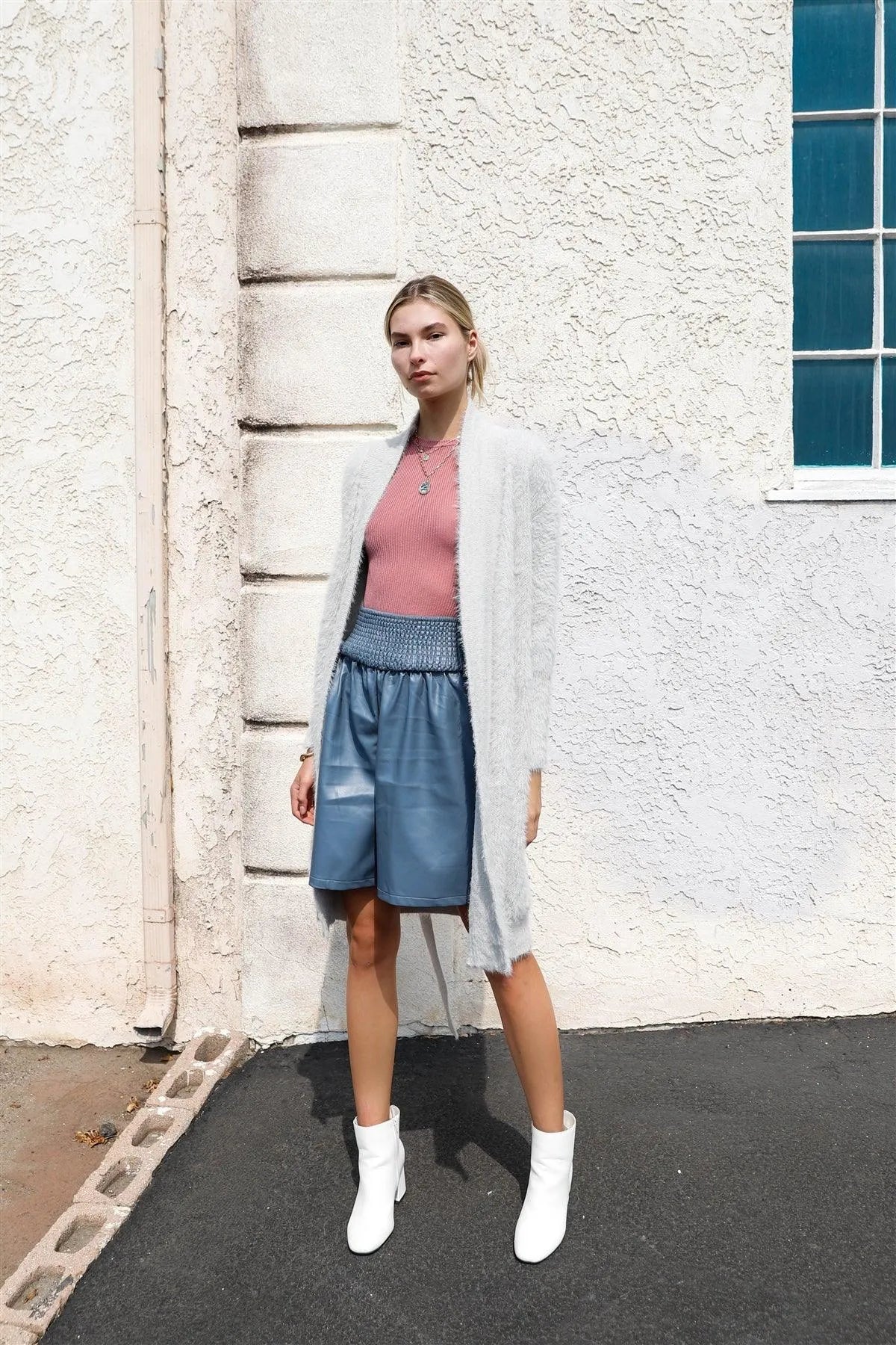 Grey Fuzzy Knit Open Front Sash Belt With Rectangular Buckle Midi Cardigan /3-2-1 - Tasha Apparel Wholesale
