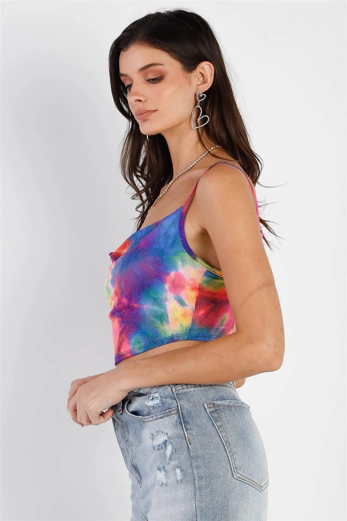 Multi Color Neon Tie-Dye Lurex Cowl Neck Sleeveless Crop Top /1-2-1 - Tasha Apparel Wholesale