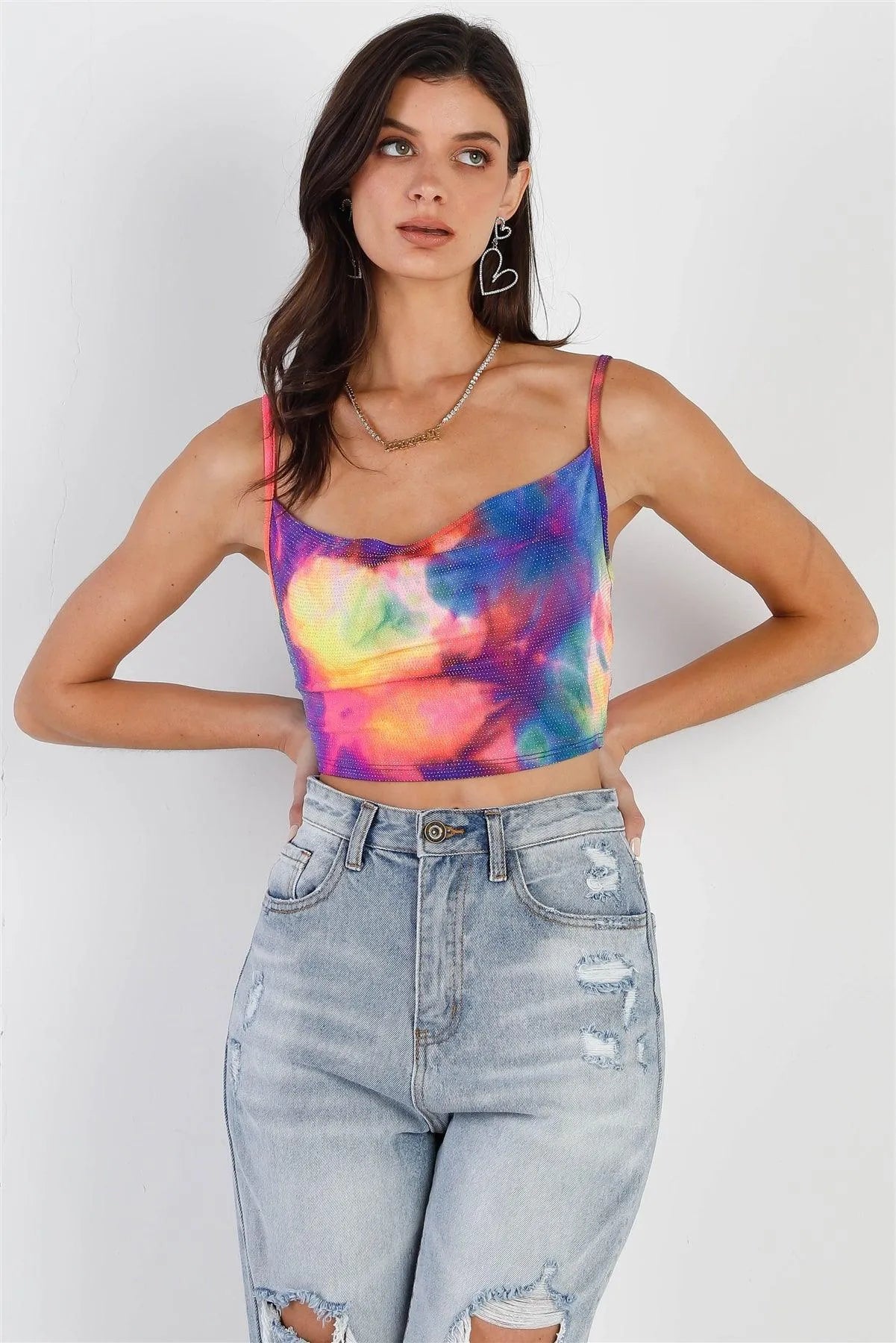 Multi Color Neon Tie-Dye Lurex Cowl Neck Sleeveless Crop Top /2-2-1 - Tasha Apparel Wholesale