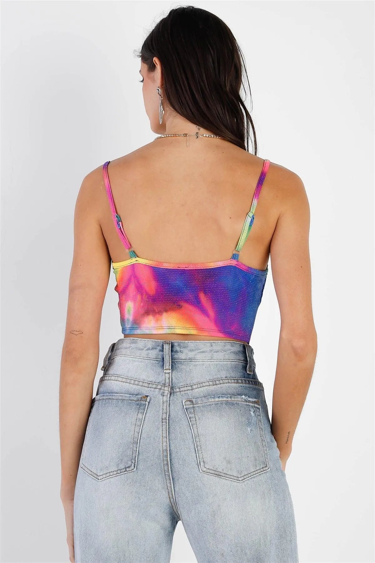 Multi Color Neon Tie-Dye Lurex Cowl Neck Sleeveless Crop Top /3-2-1 - Tasha Apparel Wholesale