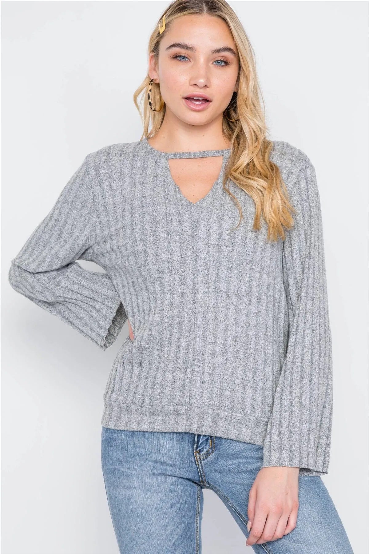 Heather Grey Knit Long Sleeve Soft Sweater /2-2-2 - Tasha Apparel Wholesale