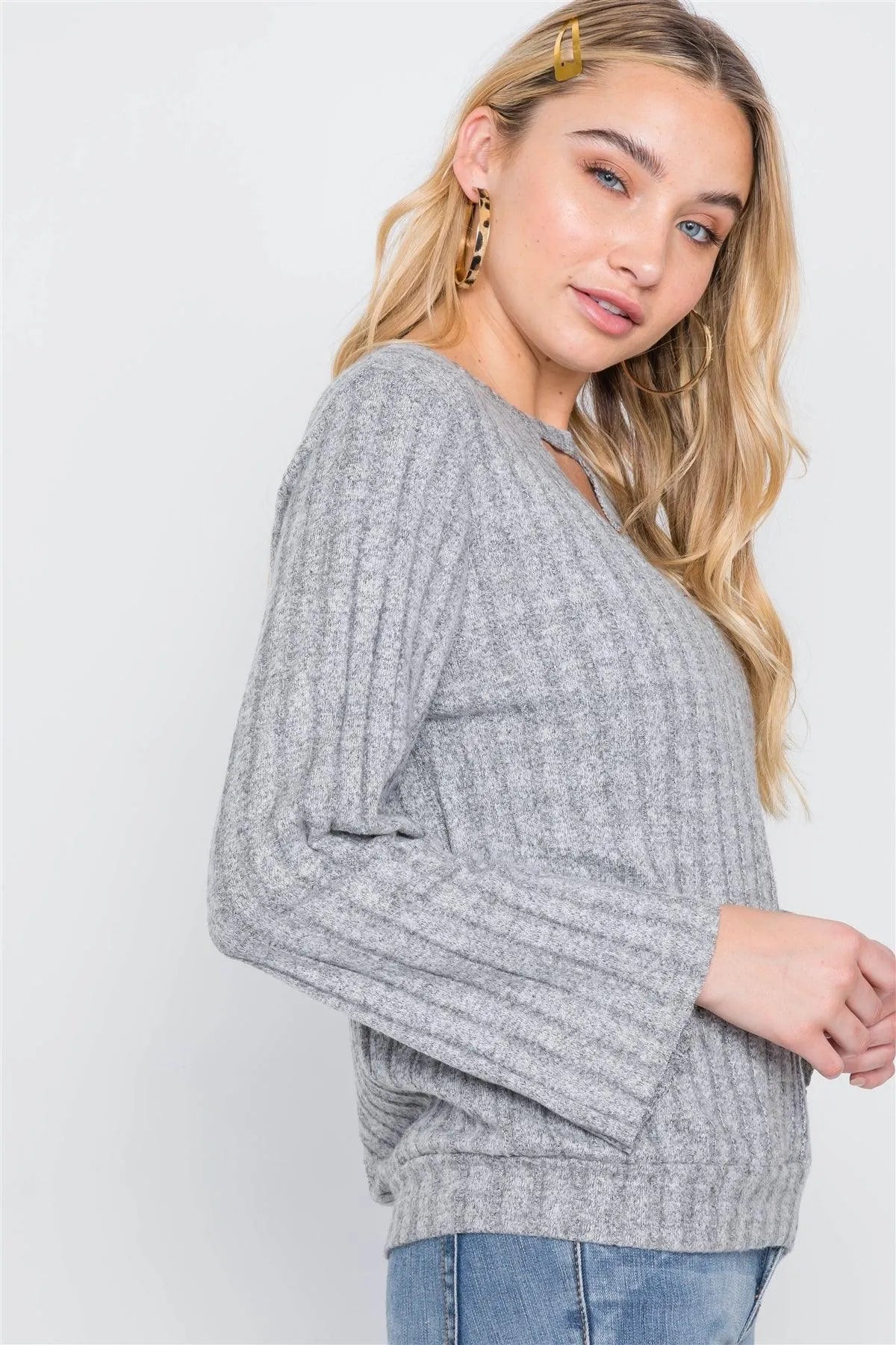 Heather Grey Knit Long Sleeve Soft Sweater /2-2-2 - Tasha Apparel Wholesale