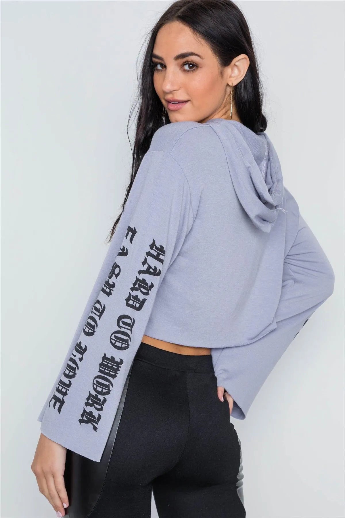 Lavender Graphic Print Long Sleeves Hooded Crop Top /2-2-2 - Tasha Apparel Wholesale