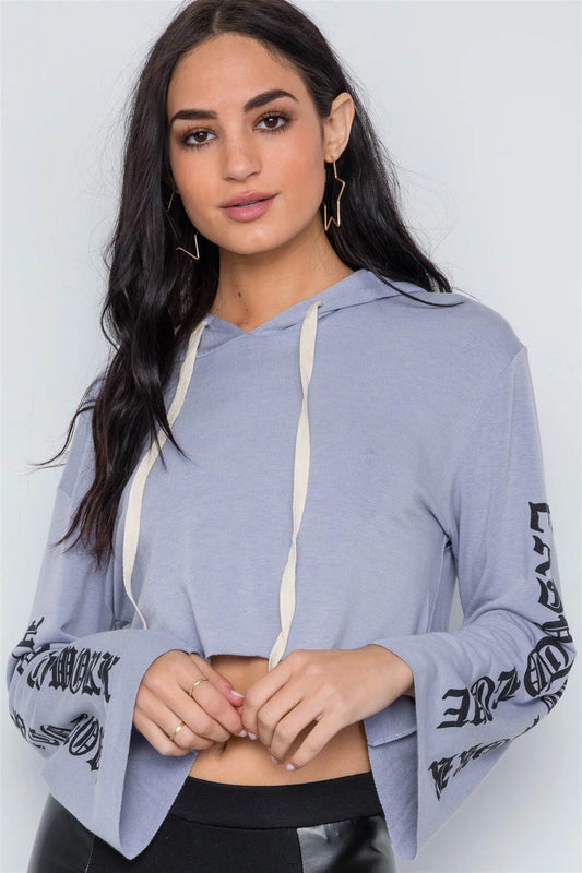 Lavender Graphic Print Long Sleeves Hooded Crop Top /2-3-2 - Tasha Apparel Wholesale