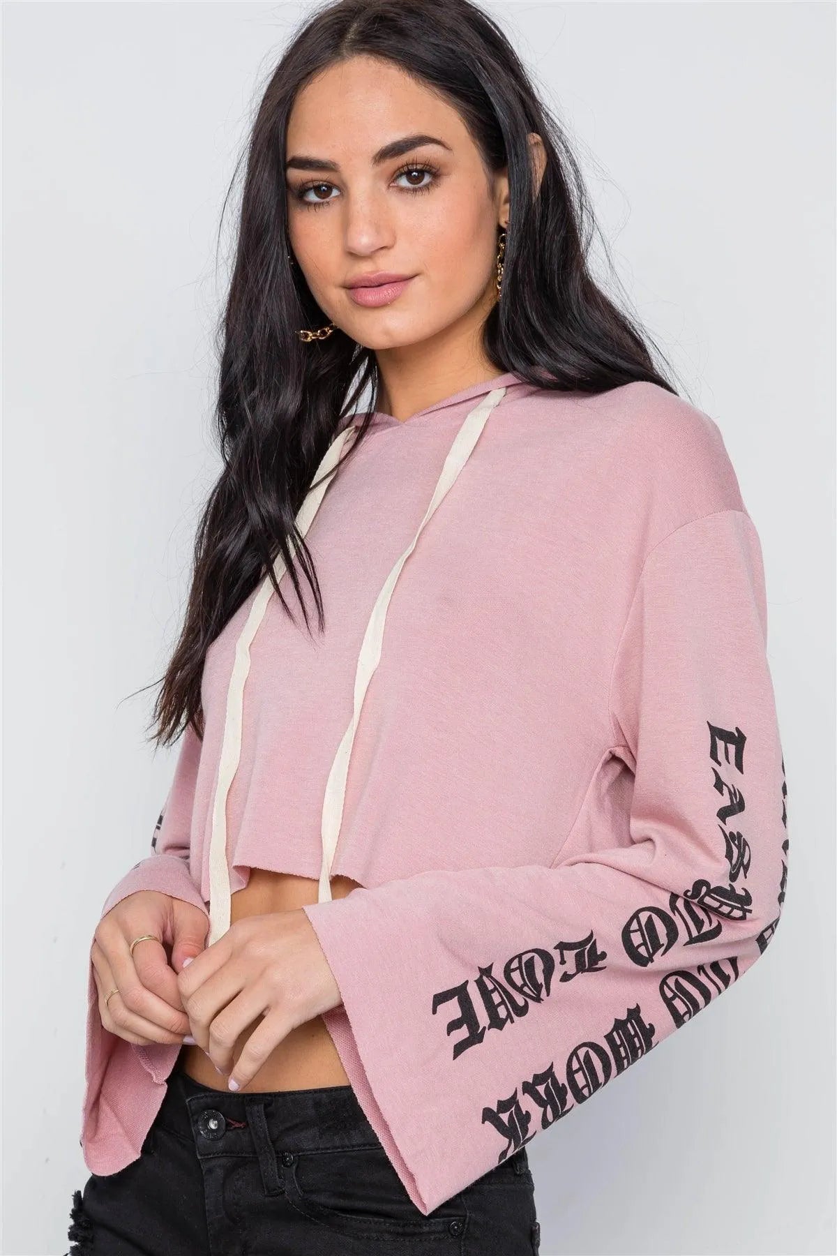 Mauve Graphic Print Long Sleeves Hooded Crop Top /2-2 - Tasha Apparel Wholesale