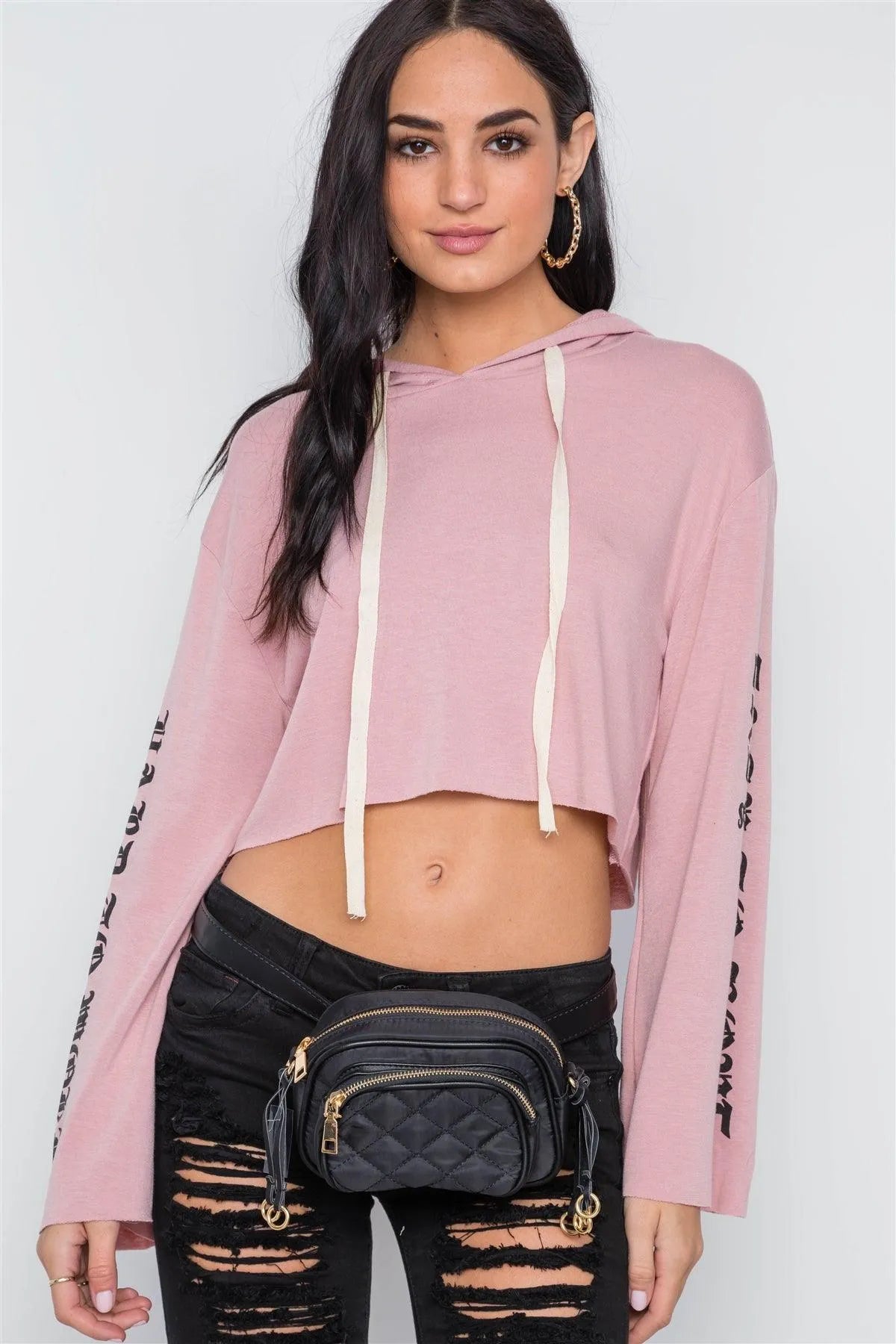 Mauve Graphic Print Long Sleeves Hooded Crop Top /2-2 - Tasha Apparel Wholesale