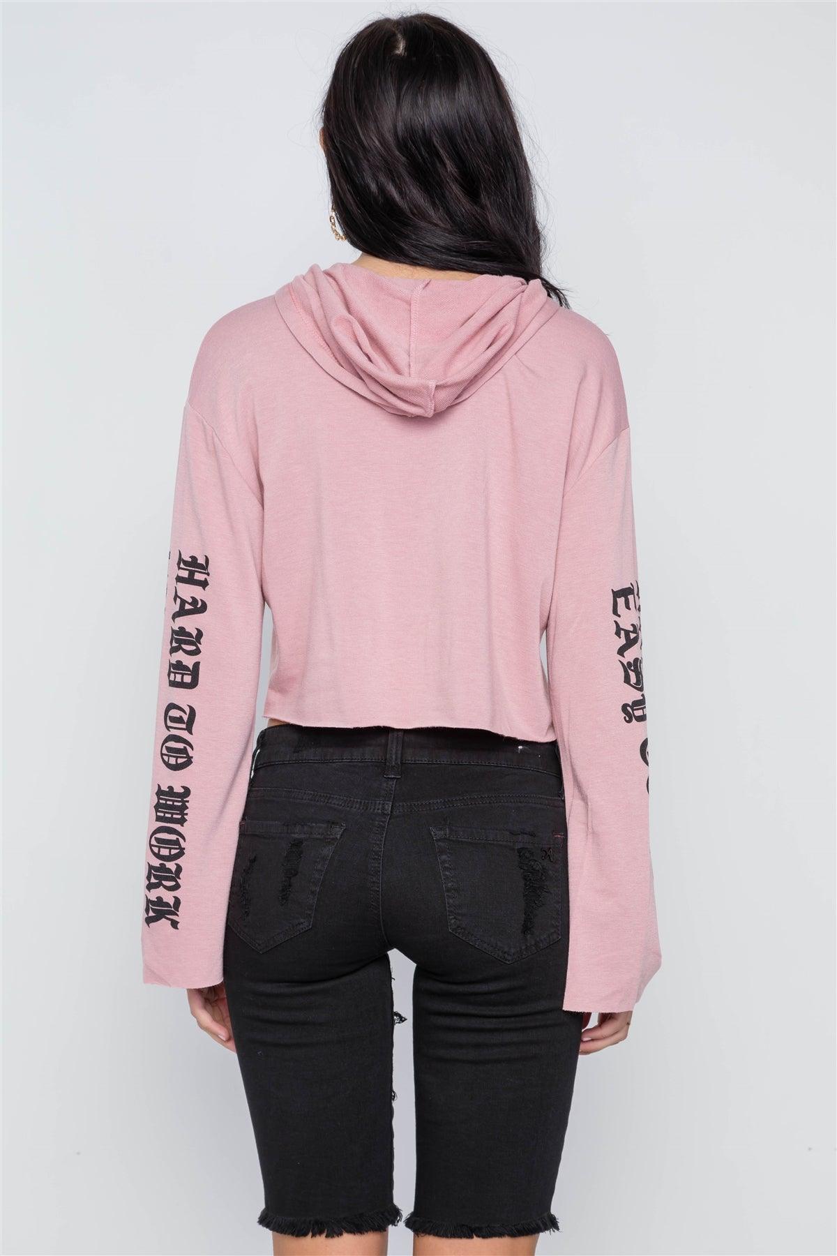 Mauve Graphic Print Long Sleeves Hooded Crop Top /2-2