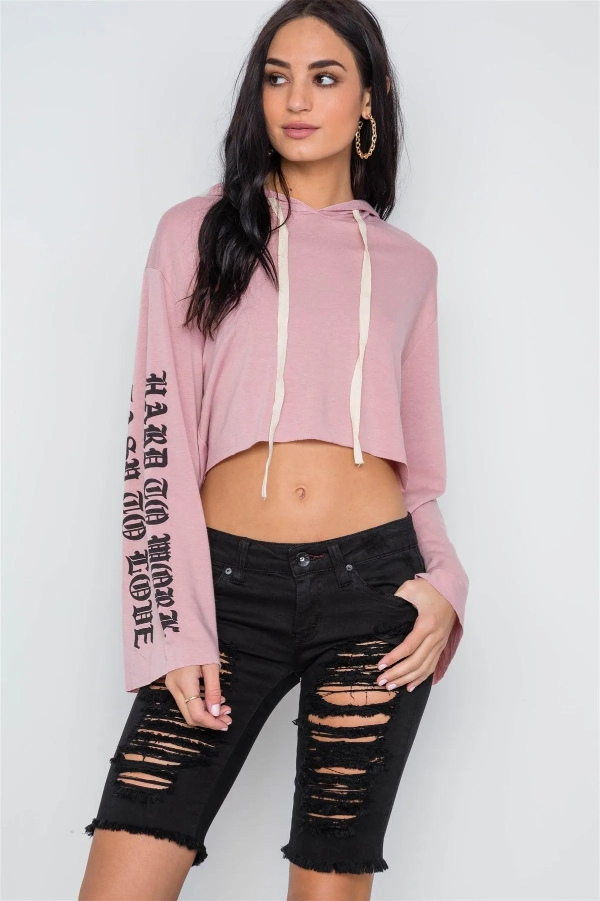 Mauve Graphic Print Long Sleeves Hooded Crop Top /2-2-2 - Tasha Apparel Wholesale