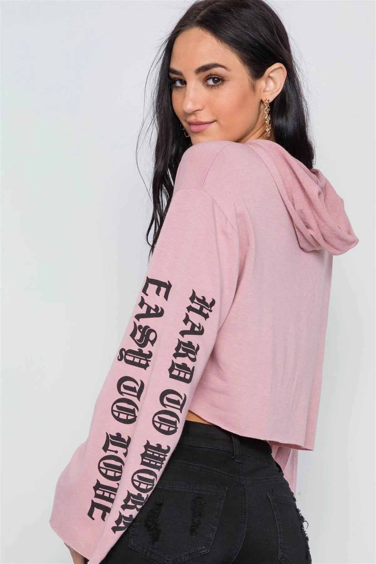 Mauve Graphic Print Long Sleeves Hooded Crop Top /2-2-2 - Tasha Apparel Wholesale