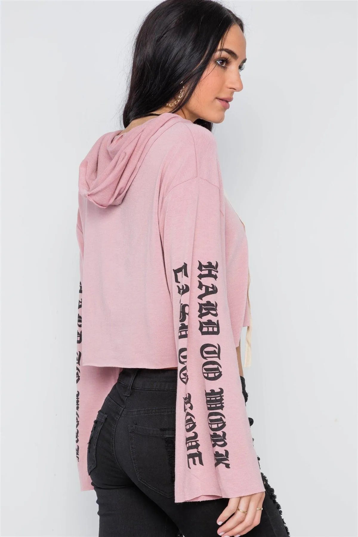 Mauve Graphic Print Long Sleeves Hooded Crop Top /2-2-2 - Tasha Apparel Wholesale