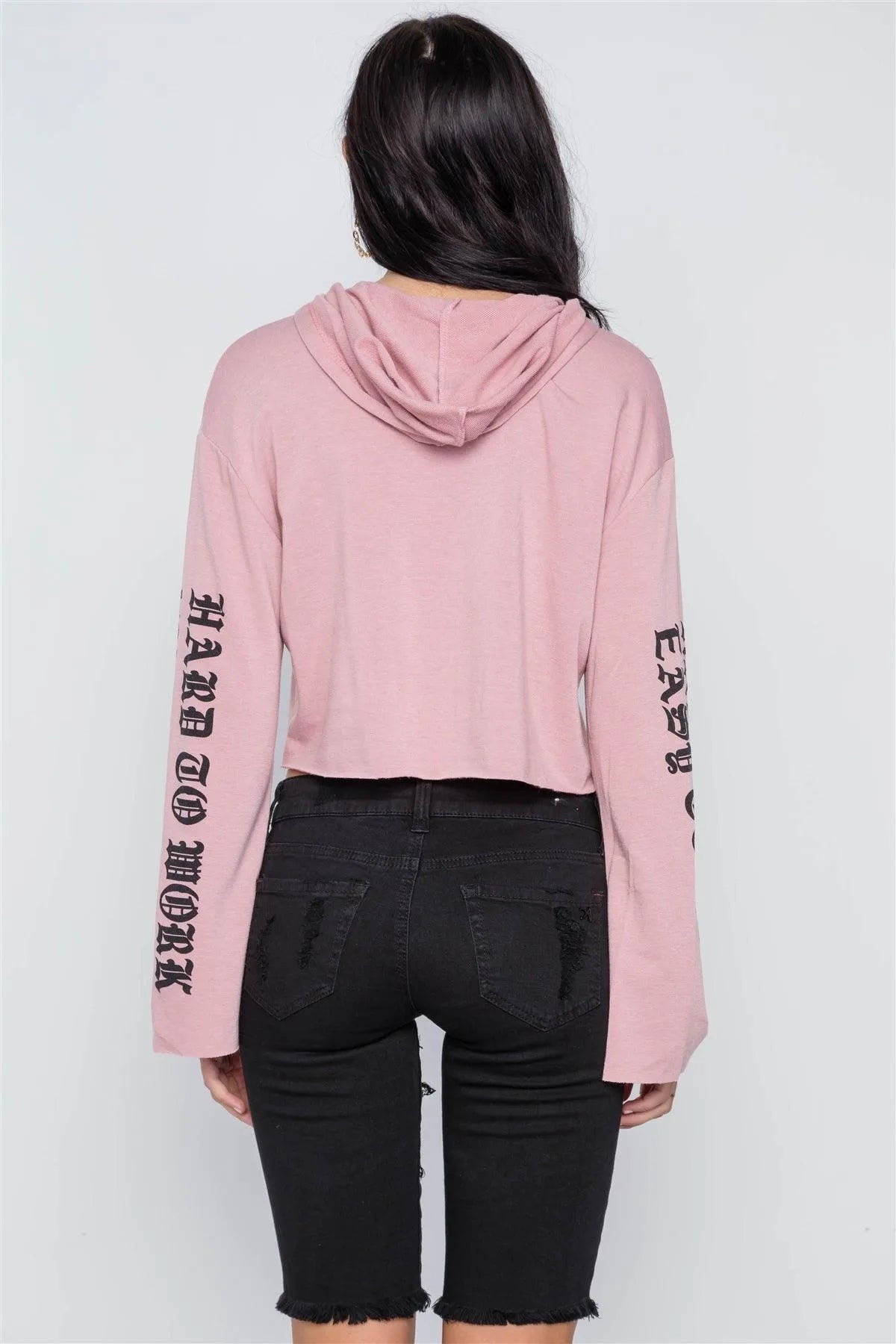 Mauve Graphic Print Long Sleeves Hooded Crop Top /2-2-2 - Tasha Apparel Wholesale