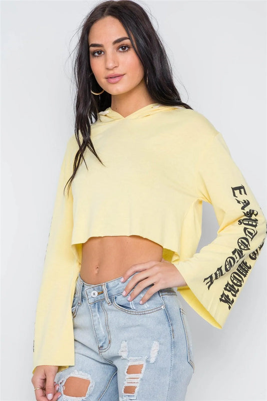 Yellow Graphic Print Long Sleeves Hooded Crop Top /2-2-2 - Tasha Apparel Wholesale