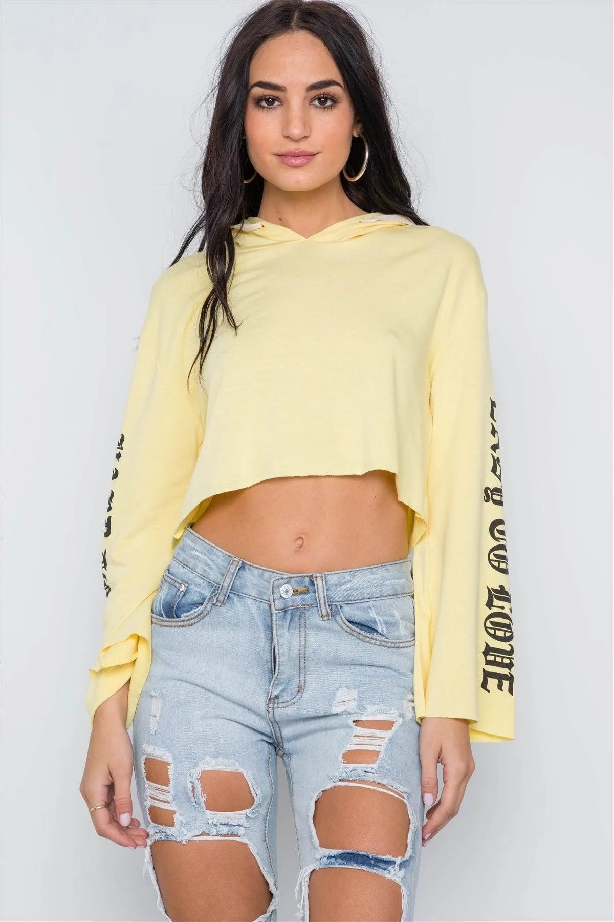 Yellow Graphic Print Long Sleeves Hooded Crop Top /3-2-2 - Tasha Apparel Wholesale