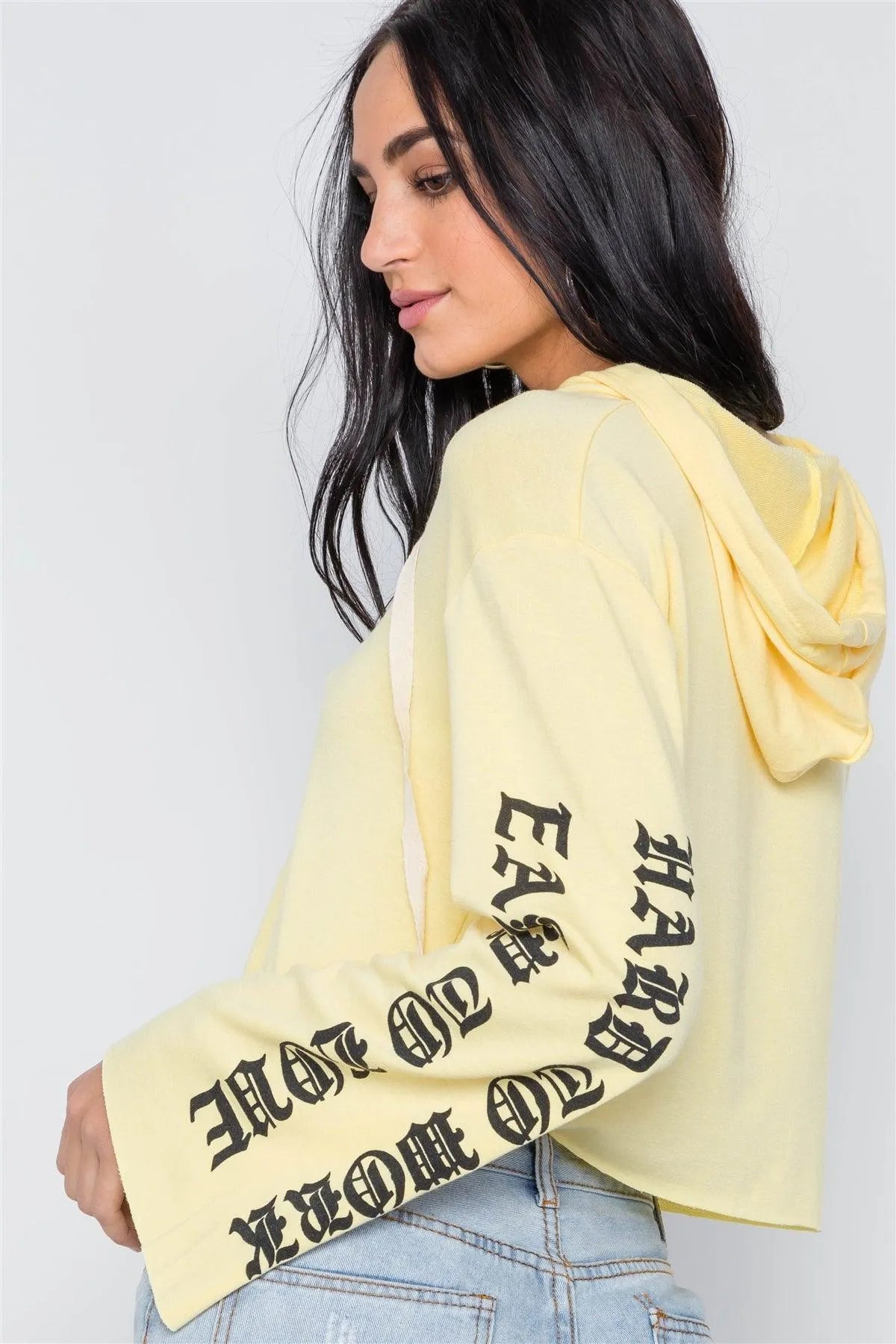 Yellow Graphic Print Long Sleeves Hooded Crop Top /3-2-2 - Tasha Apparel Wholesale