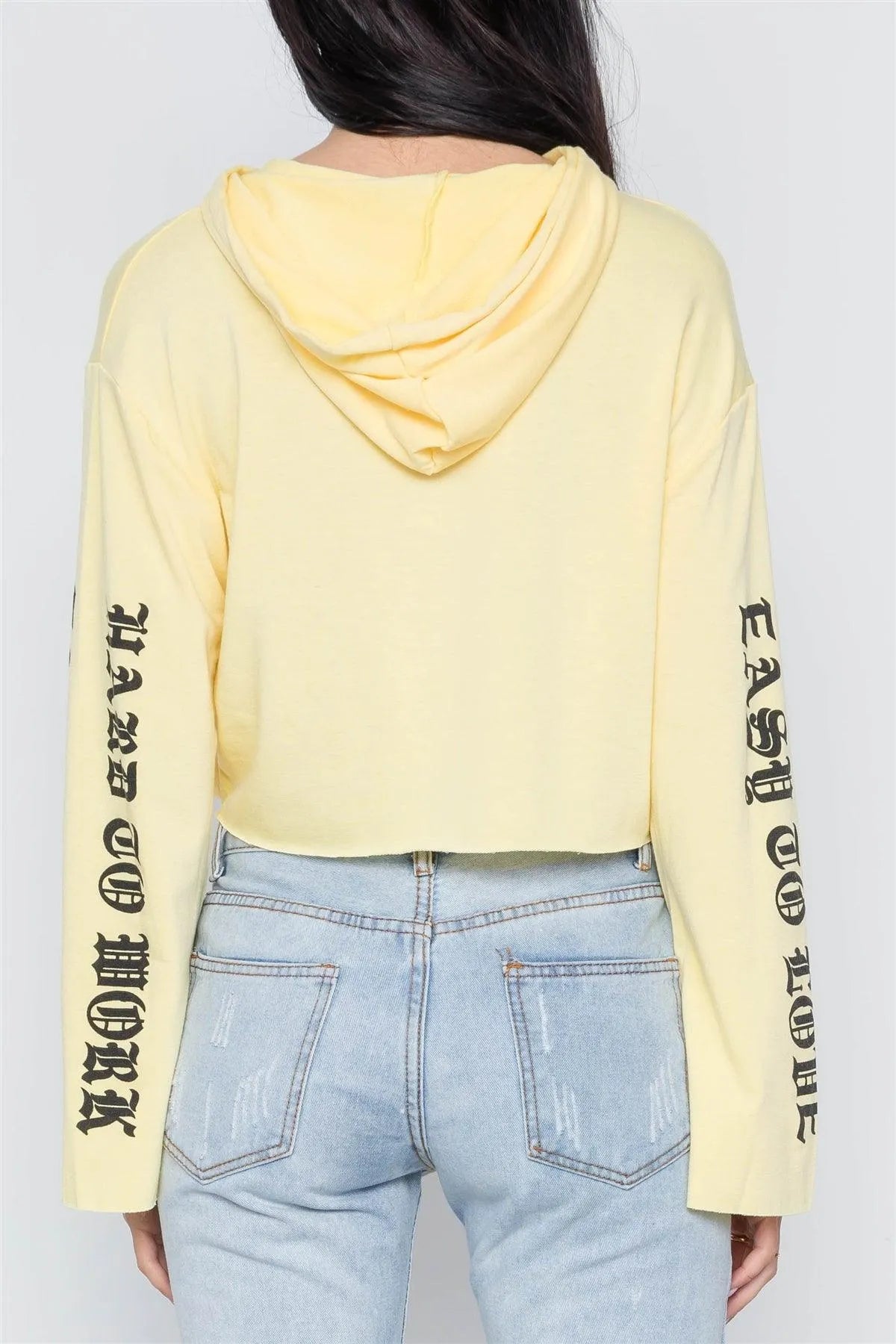 Yellow Graphic Print Long Sleeves Hooded Crop Top /3-2-2 - Tasha Apparel Wholesale