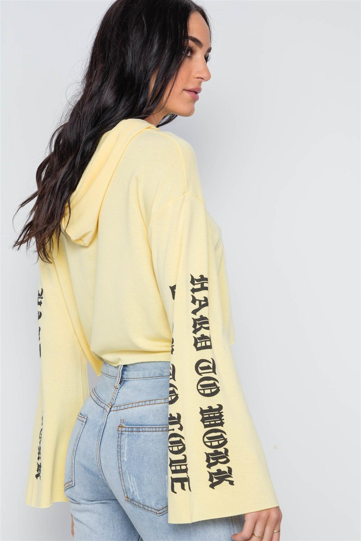 Yellow Graphic Print Long Sleeves Hooded Crop Top /3-2-2
