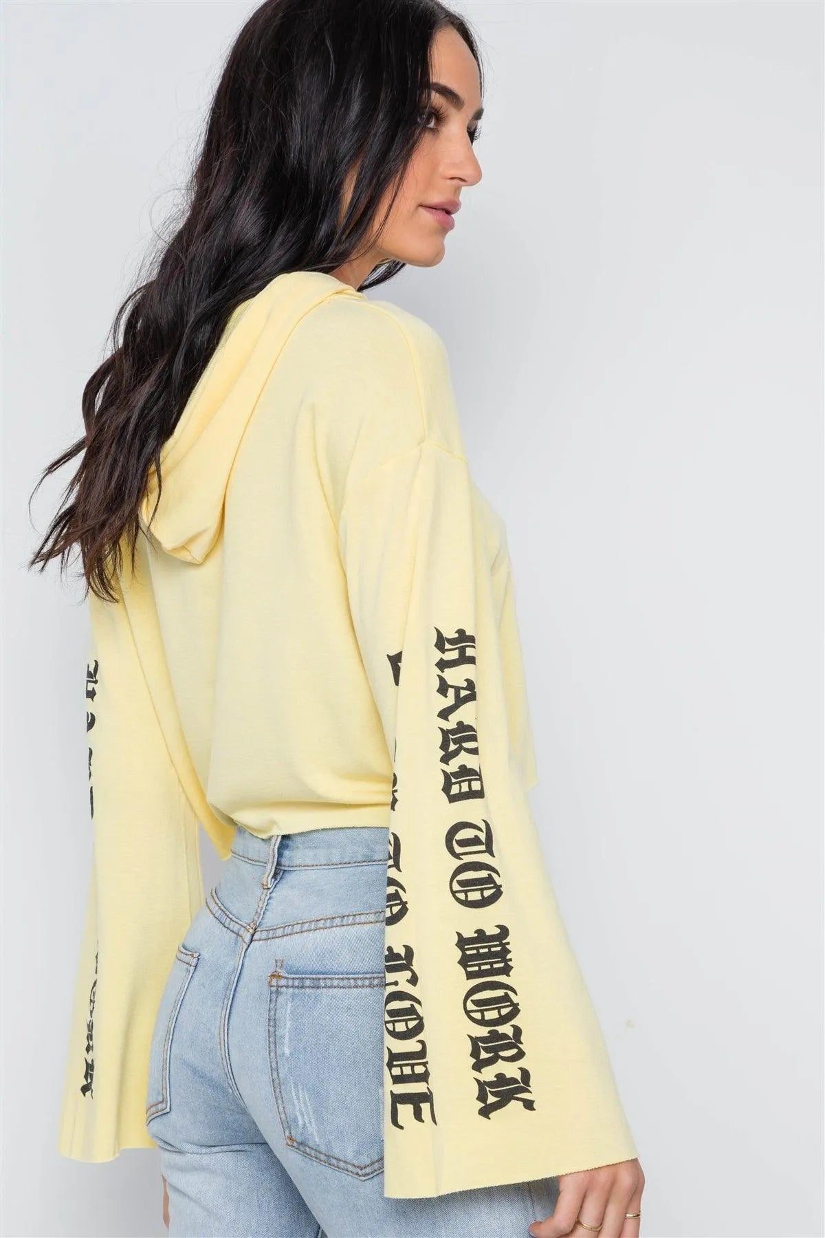 Yellow Graphic Print Long Sleeves Hooded Crop Top /3-2-2 - Tasha Apparel Wholesale