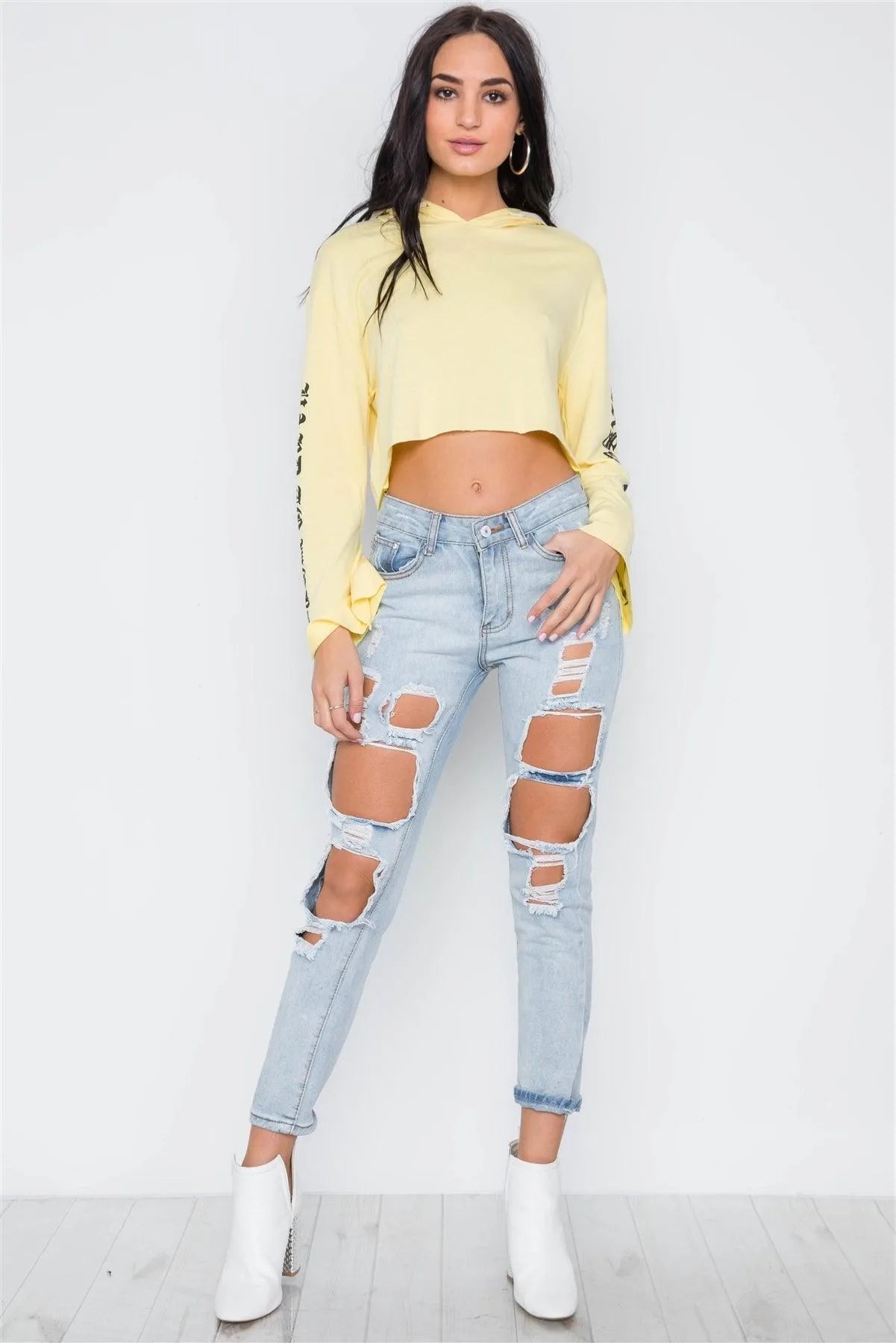 Yellow Graphic Print Long Sleeves Hooded Crop Top /3-2-2 - Tasha Apparel Wholesale