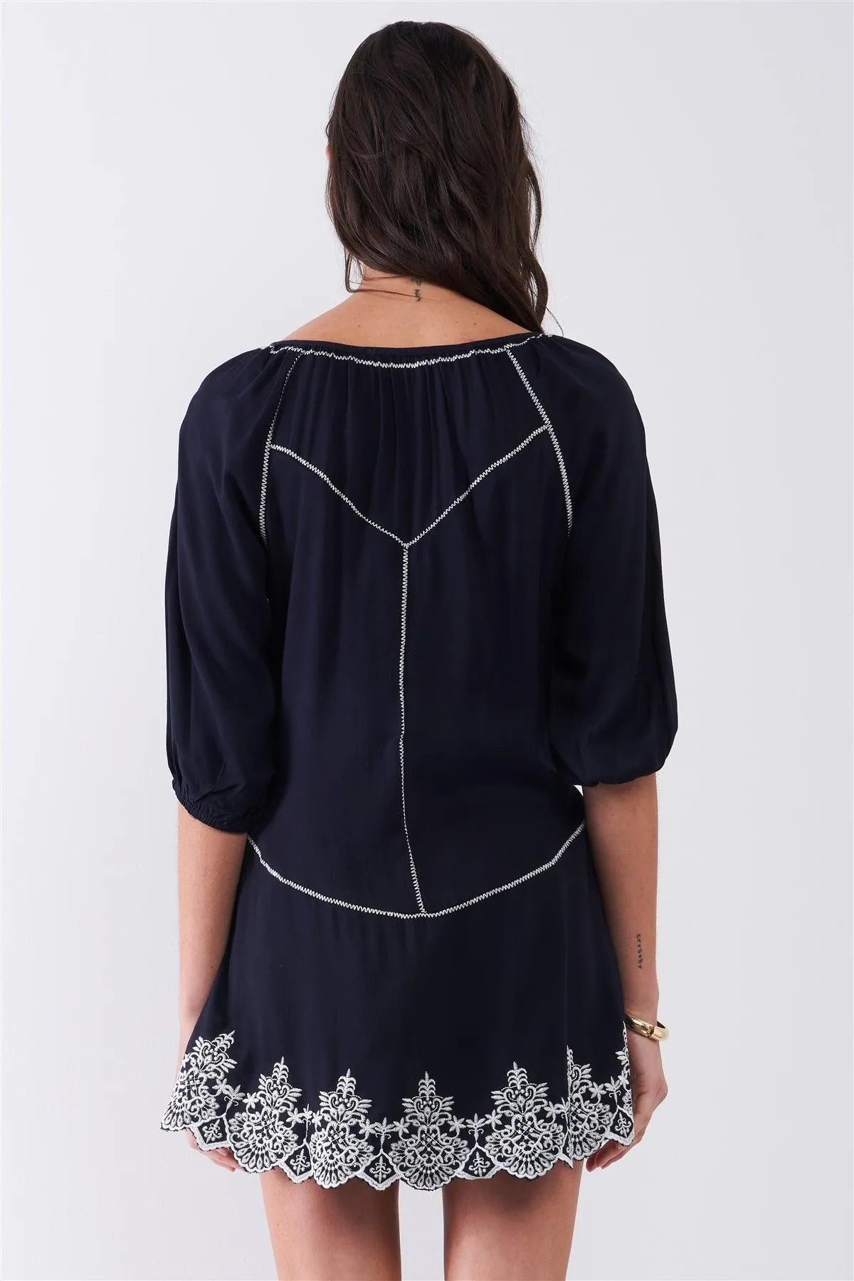 Navy Knit Embroidery Balloon Sleeves Tunic Top /2-2 - Tasha Apparel Wholesale