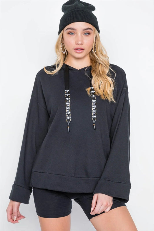 Black Long Sleeve Solid Rhinestone Hoodie /2-2-2 - Tasha Apparel Wholesale