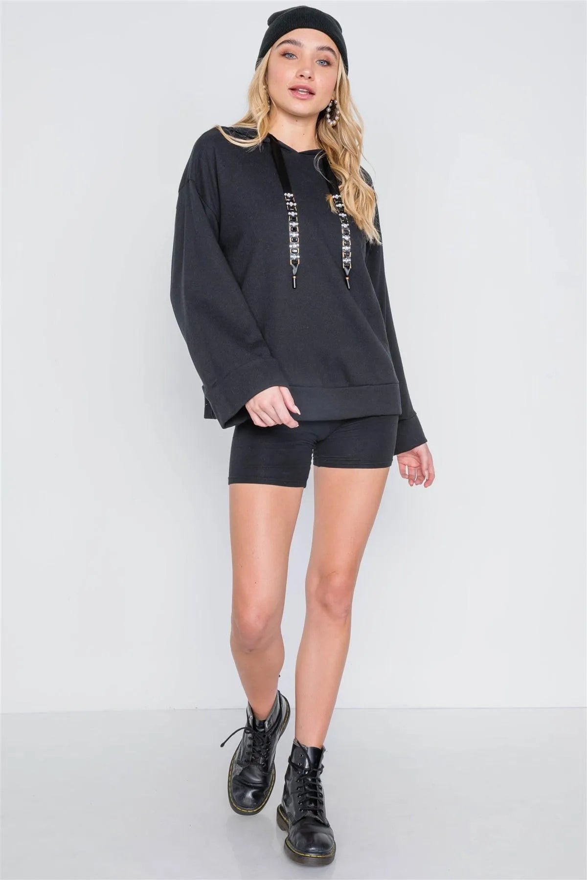 Black Long Sleeve Solid Rhinestone Hoodie /2-2-2 - Tasha Apparel Wholesale