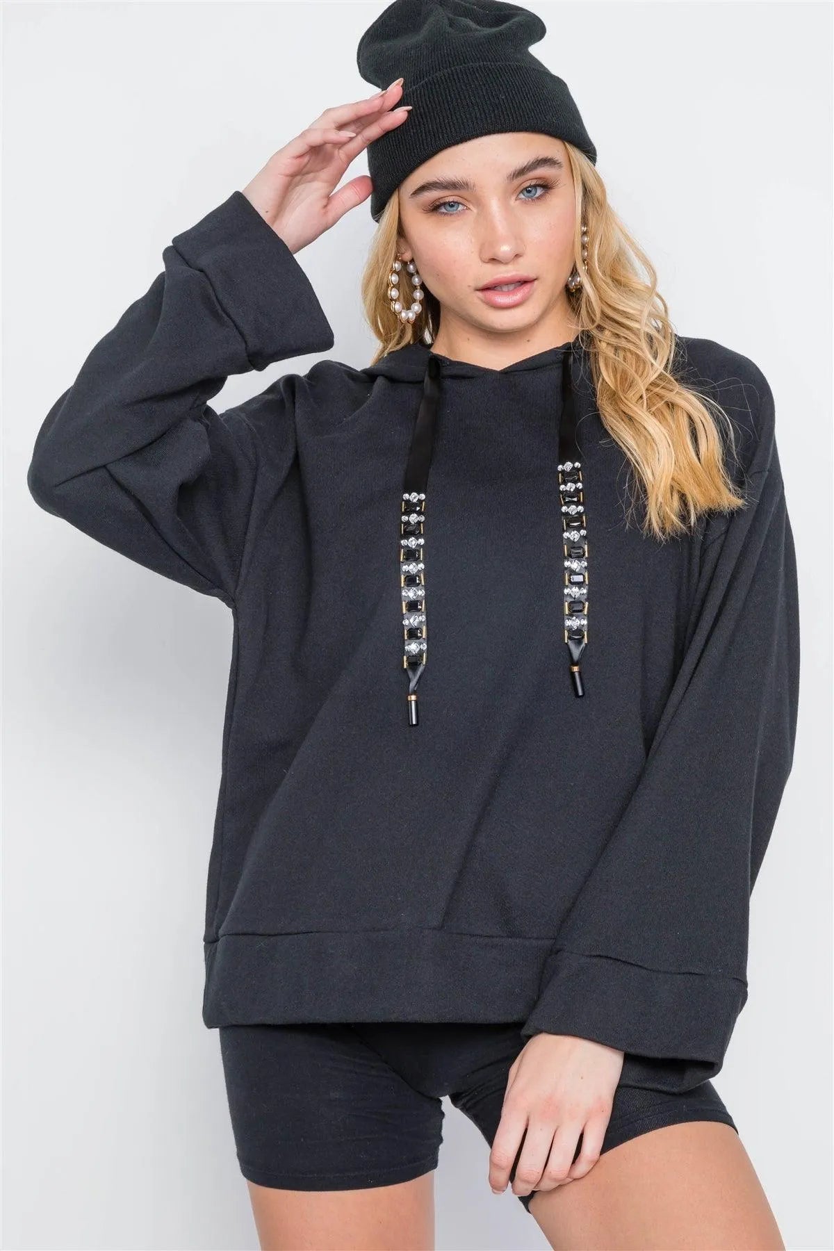 Black Long Sleeve Solid Rhinestone Hoodie /3-2-2 - Tasha Apparel Wholesale