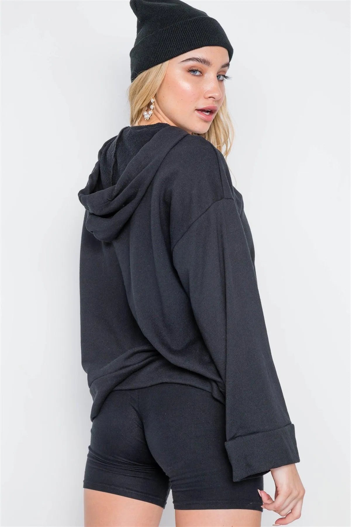 Black Long Sleeve Solid Rhinestone Hoodie /3-2-2 - Tasha Apparel Wholesale