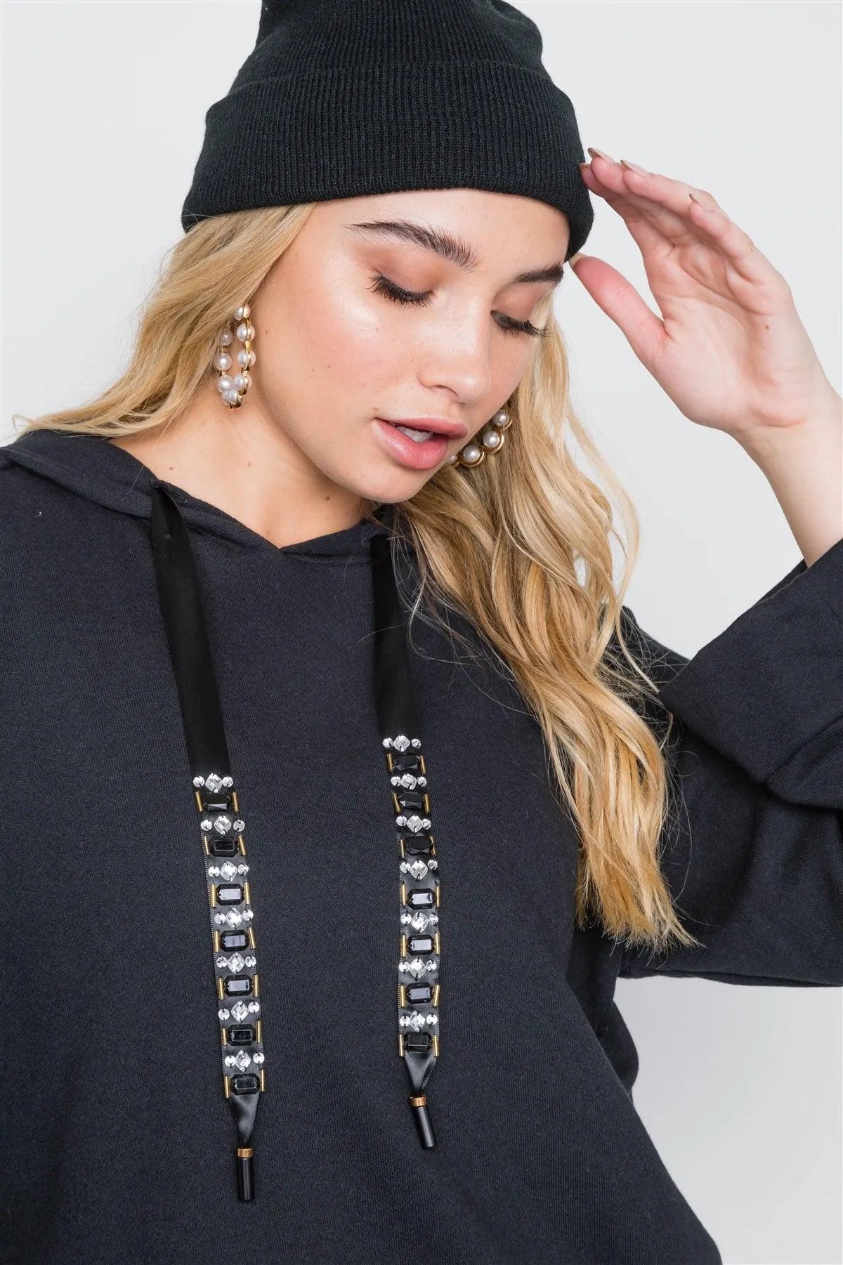 Black Long Sleeve Solid Rhinestone Hoodie /3-2-2 - Tasha Apparel Wholesale