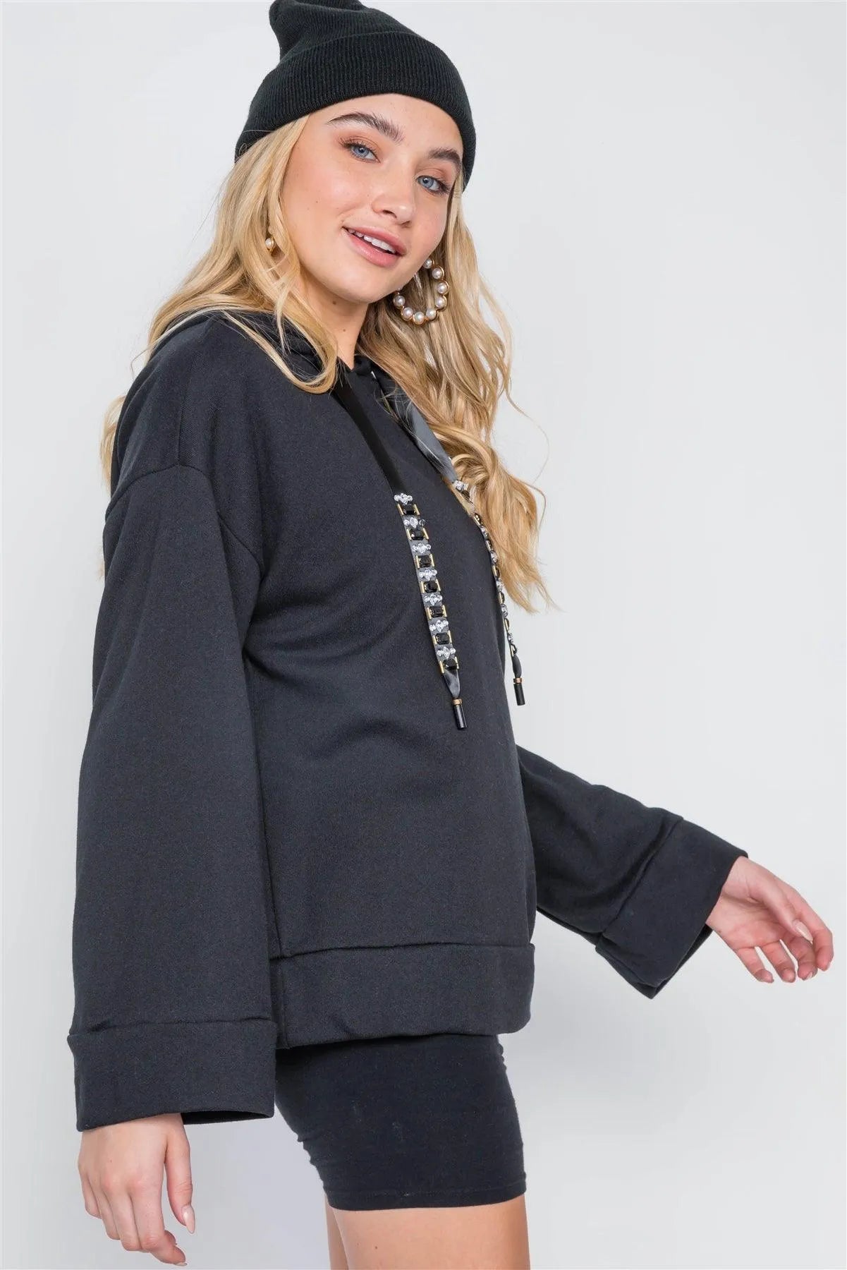 Black Long Sleeve Solid Rhinestone Hoodie /3-2-2 - Tasha Apparel Wholesale
