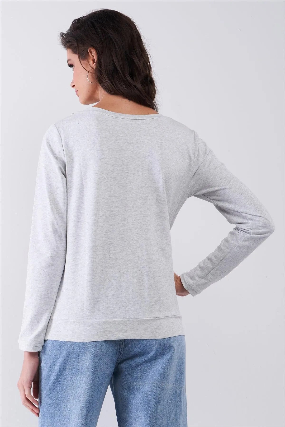 Heather Grey Long Sleeve Pearl & Gem Embroidery Detail Round Neck Top /1-2-2 - Tasha Apparel Wholesale