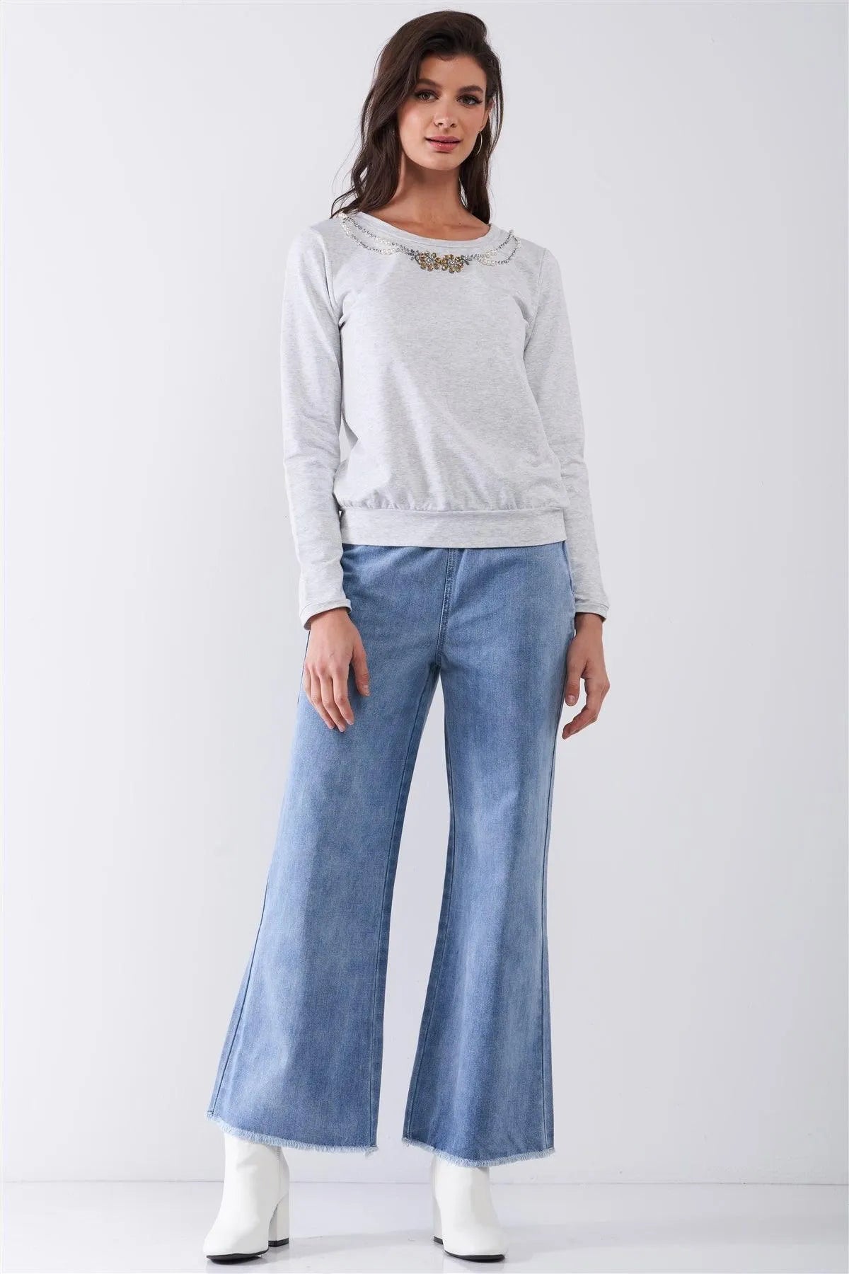 Heather Grey Long Sleeve Pearl & Gem Embroidery Detail Round Neck Top /1-2-2 - Tasha Apparel Wholesale
