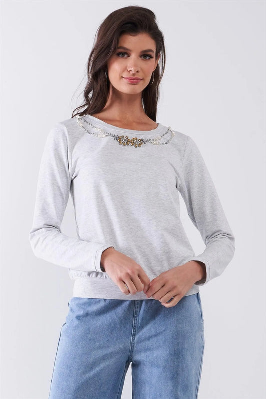 Heather Grey Long Sleeve Pearl & Gem Embroidery Detail Round Neck Top /1-2-3-1 - Tasha Apparel Wholesale