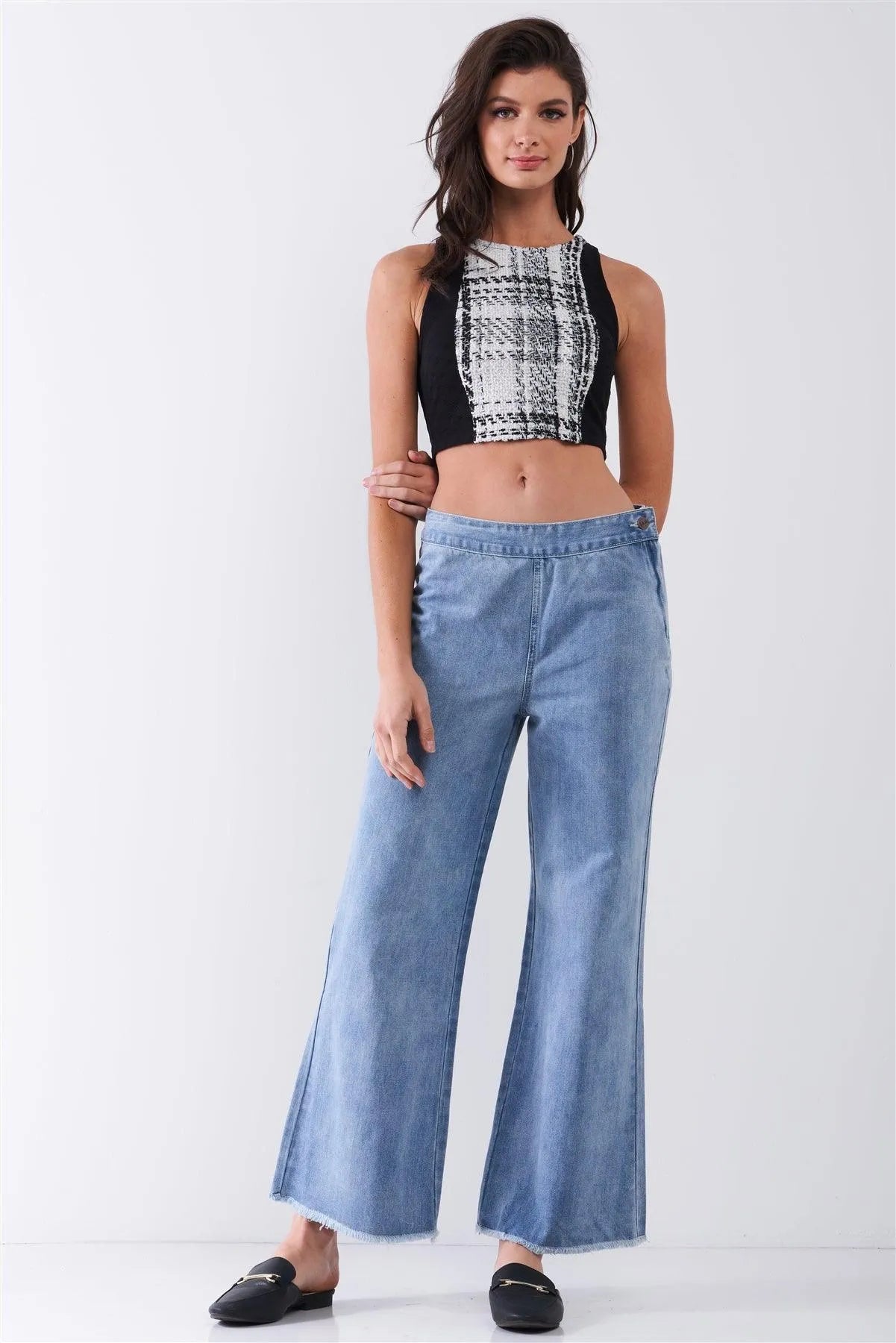 Black & White Sleeveless Glitter Plaid Front Trim Detail Crew Neck Crop Top /1-2-3-1 - Tasha Apparel Wholesale