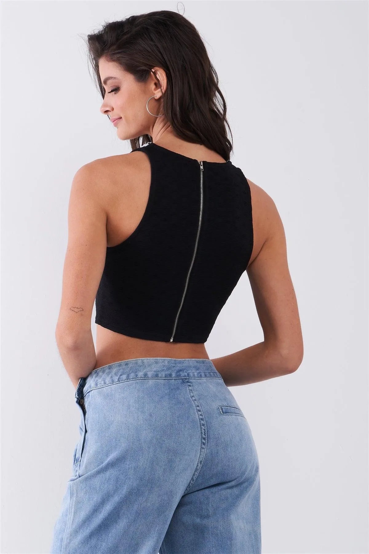 Black & White Sleeveless Glitter Plaid Front Trim Detail Crew Neck Crop Top /1-2-3-1 - Tasha Apparel Wholesale