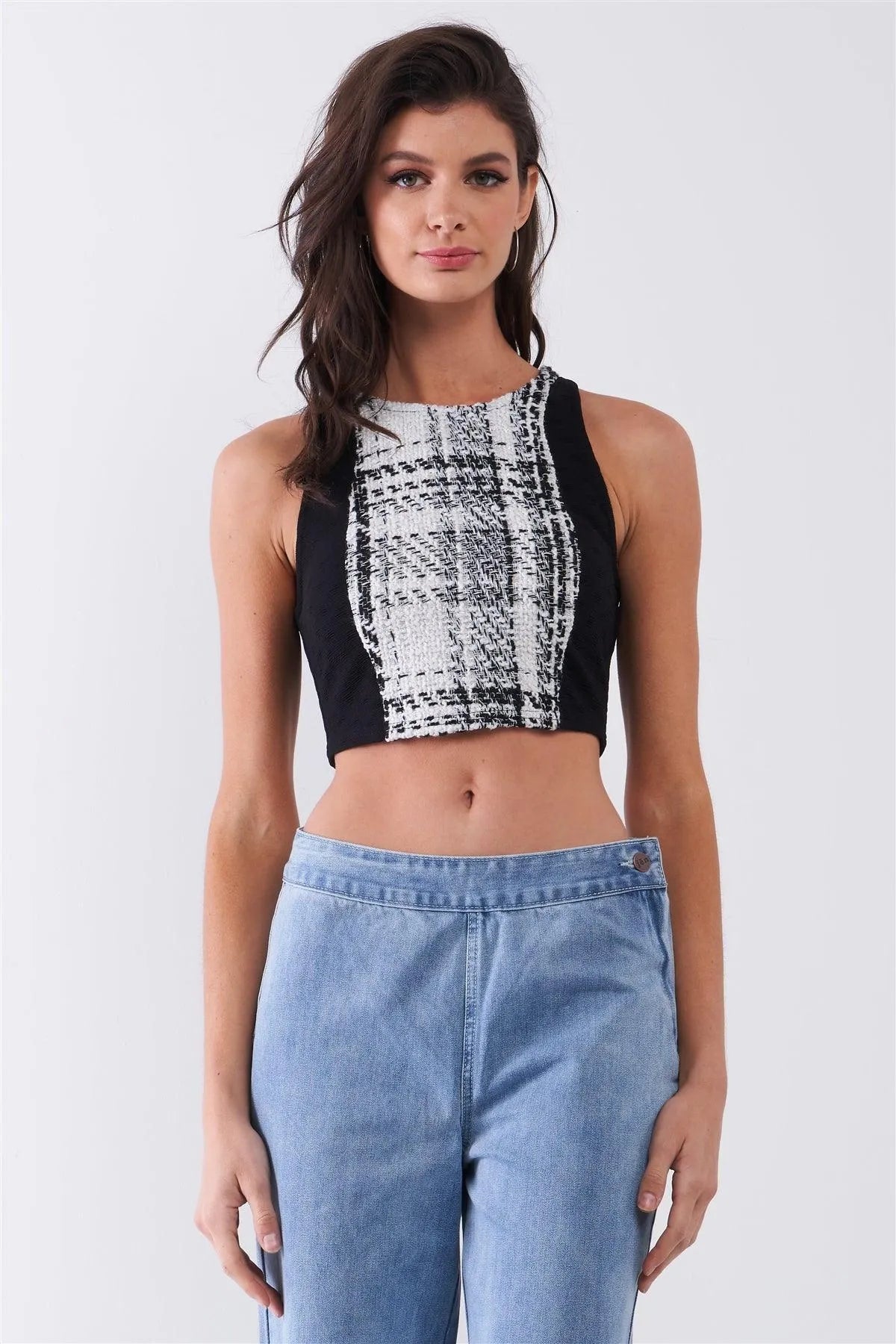 Black & White Sleeveless Glitter Plaid Front Trim Detail Crew Neck Crop Top /1-2-3-1 - Tasha Apparel Wholesale