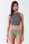 Black & White Sleeveless Weave Pattern Round Neck Back Zip-Up Detail Crop Top /1-2-2-1 - Tasha Apparel Wholesale
