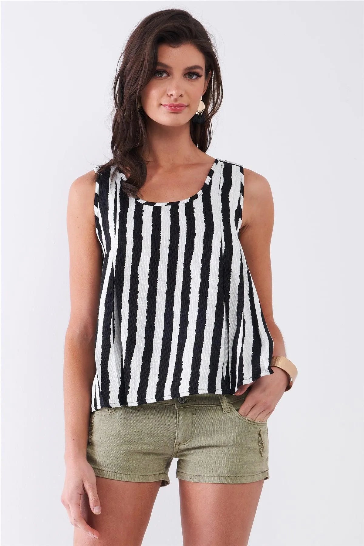 Black & White Striped Sleeveless Knit Crochet Back Trim Pleated Detail Top /3-2 - Tasha Apparel Wholesale