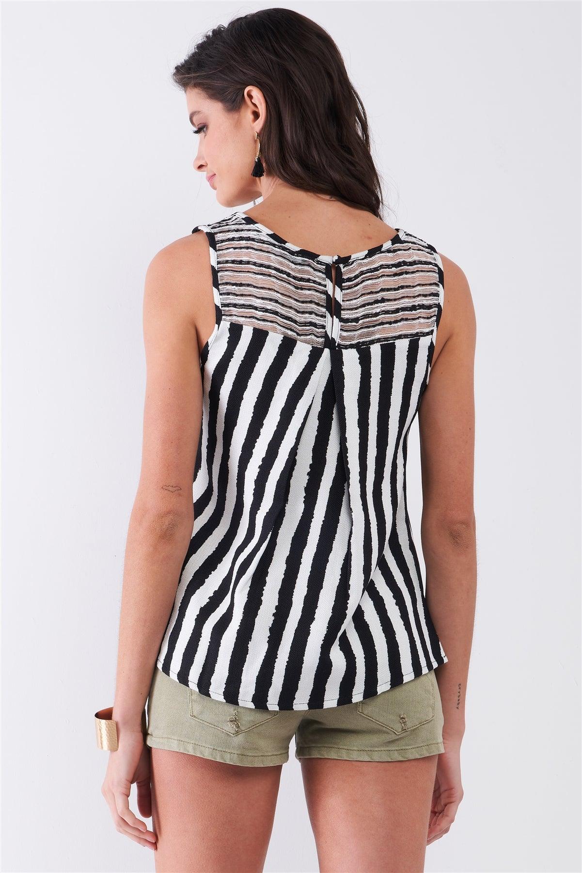 Black & White Striped Sleeveless Knit Crochet Back Trim Pleated Detail Top /1-2-2-1