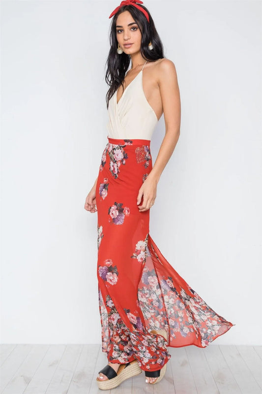 Red Multi Floral Print Side Slits High-Waist Maxi Skirt /2-2-1 - Tasha Apparel Wholesale
