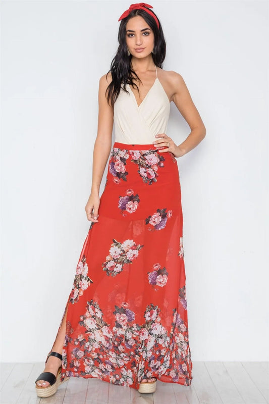Red Multi Floral Print Side Slits High-Waist Maxi Skirt /3-2-1 - Tasha Apparel Wholesale