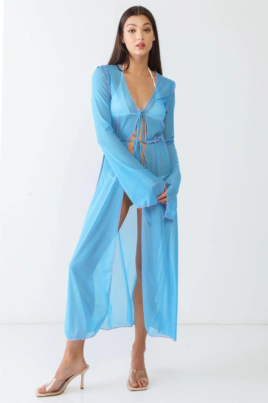 Blue Sheer Open Front Maxi Kimono Coverup - Tasha Apparel Wholesale
