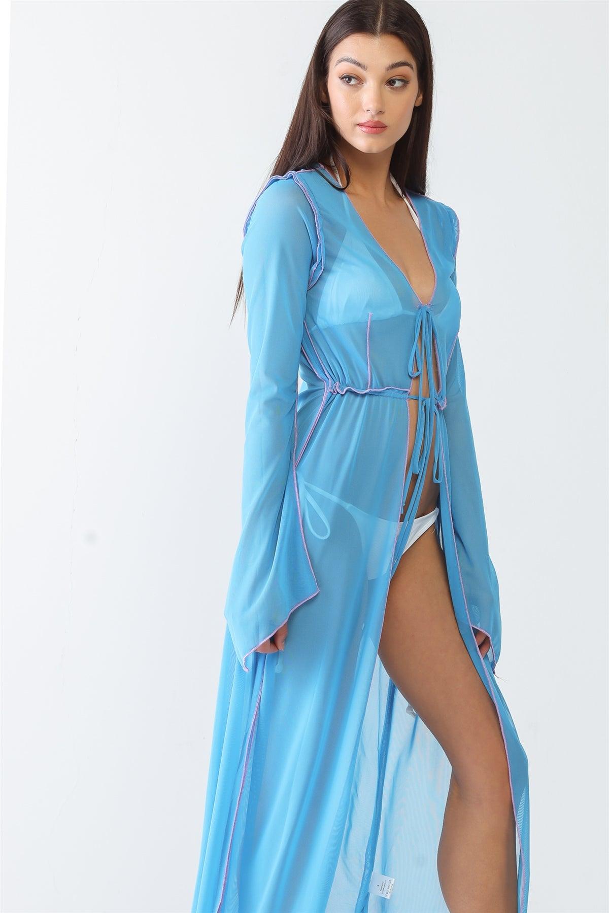 Blue Sheer Inside-Out Stitch Detail Open Front Maxi Kimono/Cover Up /3-2-1