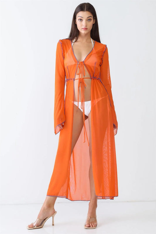 Orange Sheer Open Front Maxi Kimono Coverup - Tasha Apparel Wholesale