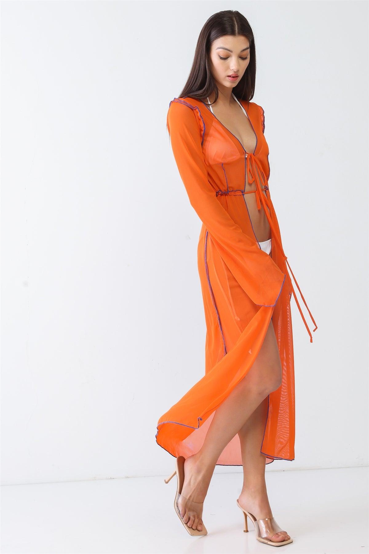 Orange Sheer Inside-Out Stitch Detail Open Front Maxi Kimono/Cover Up /3-2-1