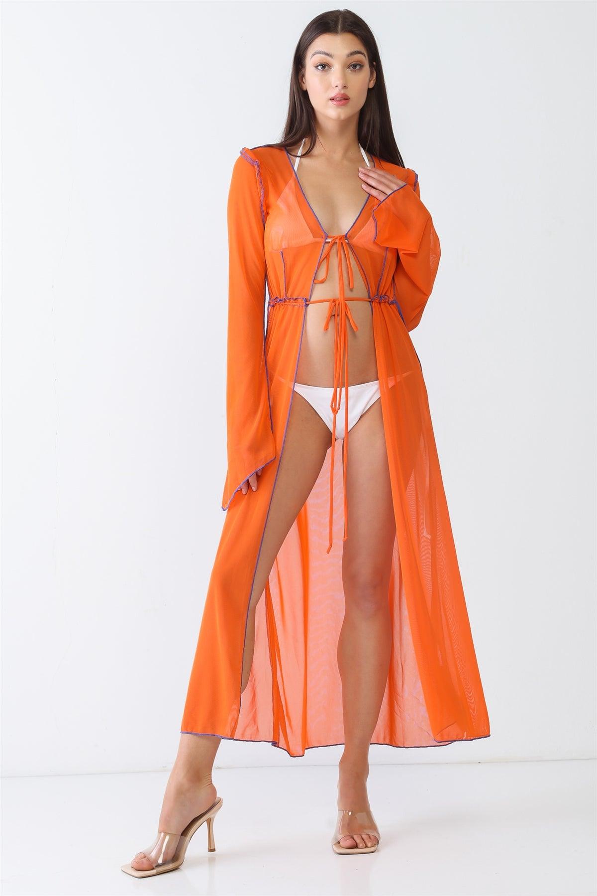 Orange Sheer Inside-Out Stitch Detail Open Front Maxi Kimono/Cover Up /3-2-1