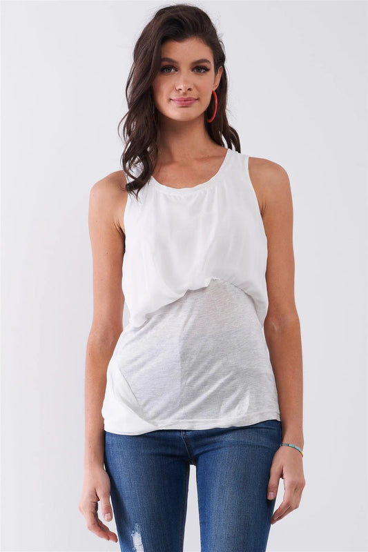 White & Grey Combined Sleeveless Crew Neck Uneven Top /1-2-2-1 - Tasha Apparel Wholesale